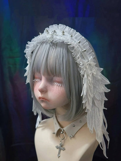 Style with Wing Rivet Leather Hairband Dark Angel Strap Alternative White