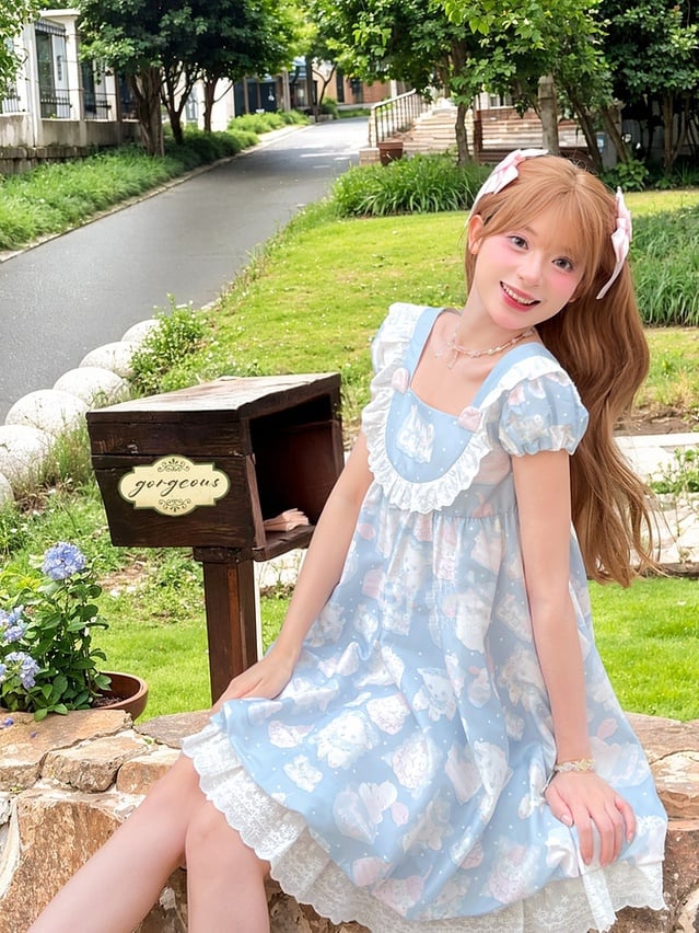 Entzückendes süßes Lolita-Kleid mit Lamm-Print, blau, quadratischer Ausschnitt, Puffärmel