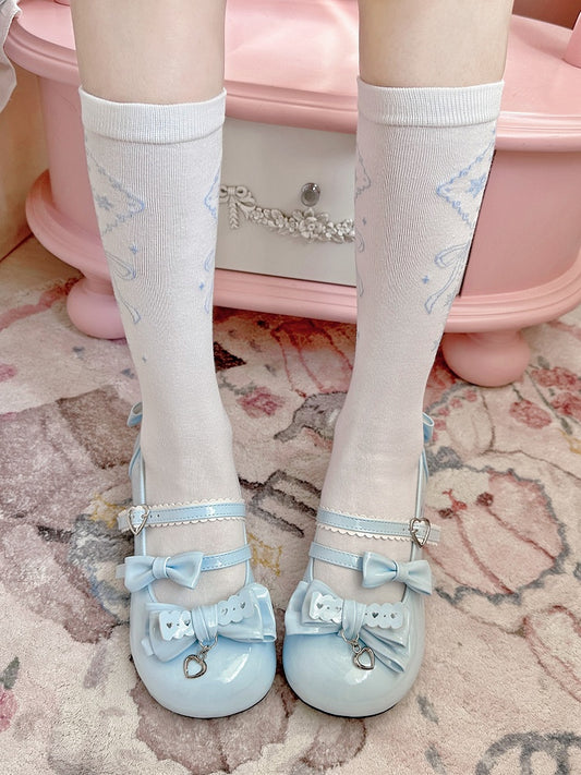 Blue Snowflakes Socks Lolita Bowknot Print White Calf Pattern