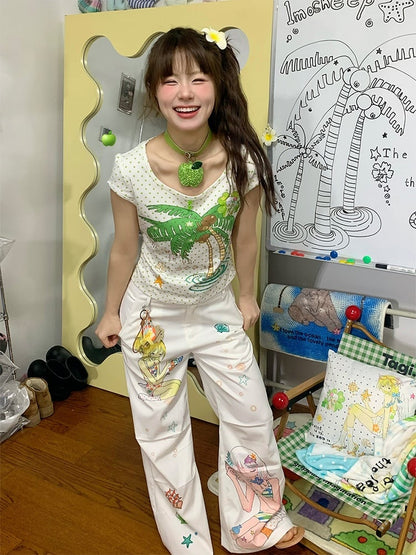 Tree and Dots Print T-shirt Green Palm Rhinestone Details Polka with White