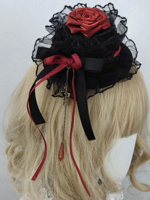 Veil Black Lace With Red Detachable Rose Wine Gothic Bow Hat Mini