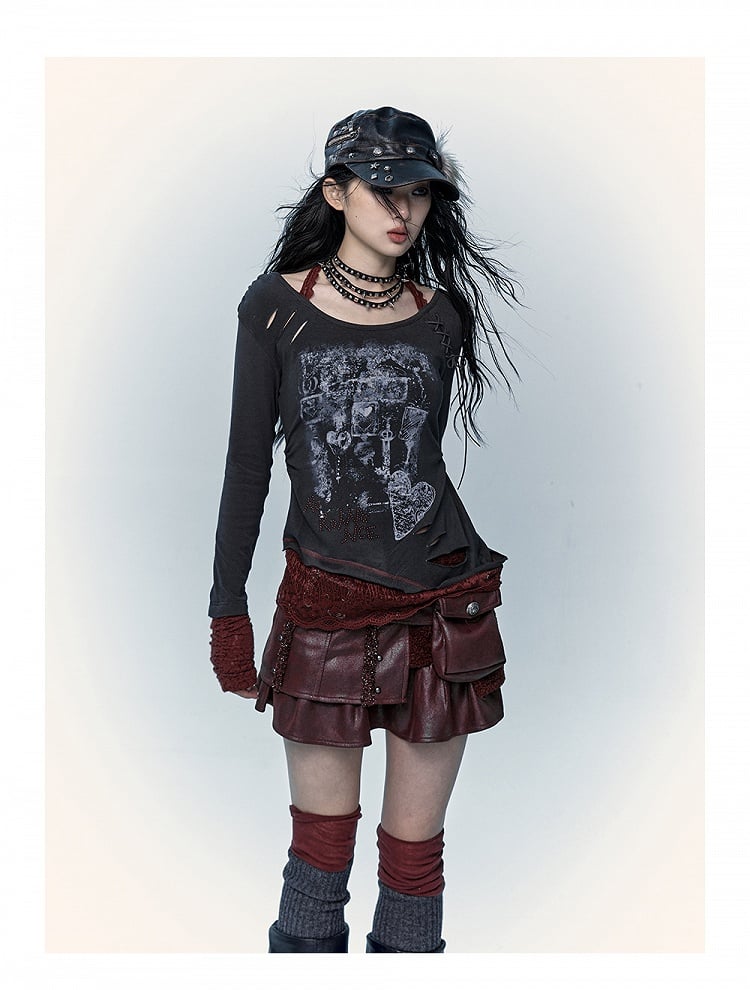 レースアップとダメージ加工の穴があいたグレー＆レッドのホルターネックトップス