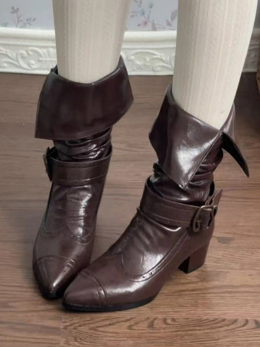 Brown Toe Pointed PU Slip-In Boots Cuff Stacked with Elegant Mid-heel Accents - Dark Foldable Buckle Lolita