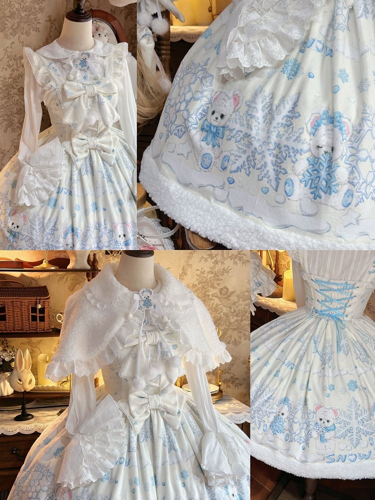 Off-white Sweet Winter Lolita Jumper Skirt with Bear and Snowflake Print