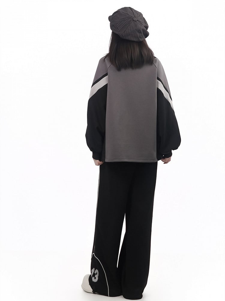 Kawaii Grey Faux Two-Piece Collar Long Sleeve Sweatshirt - PINK SAVIOR