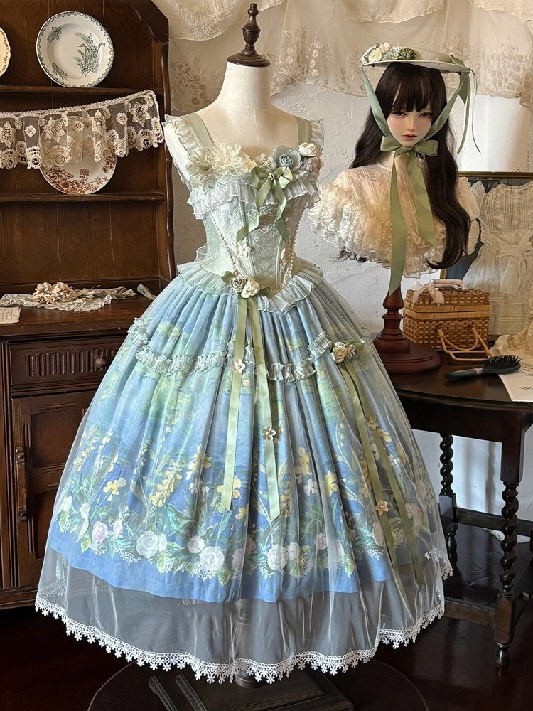 Elegant Green Oil Painting Print Lolita Jumper Skirt Dress with Bustier-Style Boned Bodice - Haw Berry