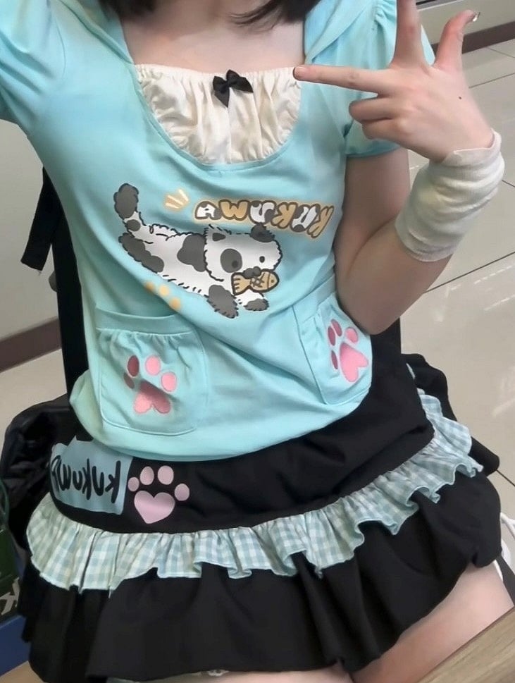 Pattern with Ruffle Kawaii Tiered Trim Skirt Black Cat Daily Plaid Paw