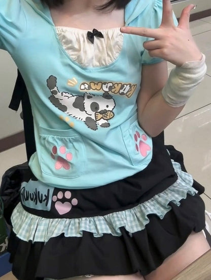 Pattern with Ruffle Kawaii Tiered Trim Skirt Black Cat Daily Plaid Paw