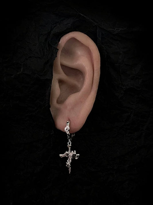 Silver Gothic Cross Dangle Earrings with Rhinestones - Insomnia Artist
