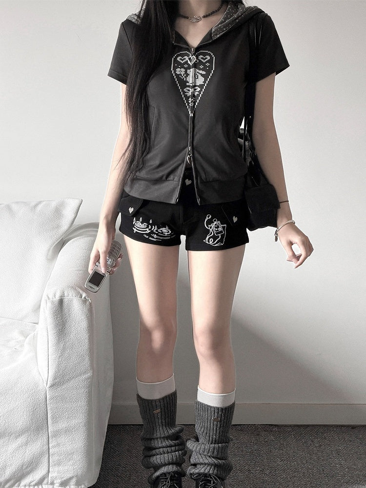 Dark Gray Bunny Ear Hoodie with Pixel Print - Kyouko Baby