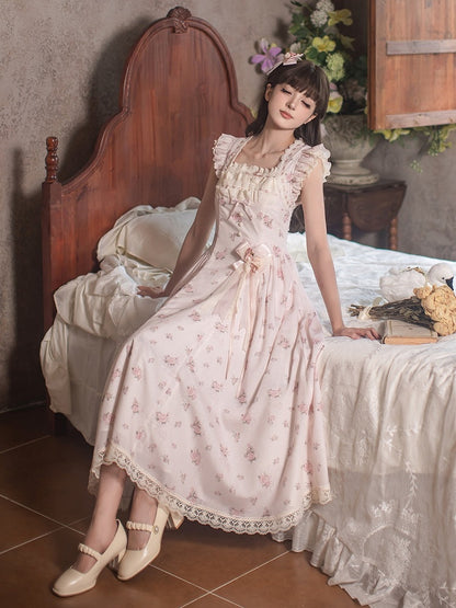 Graceful Pink Floral Lace JSK Dress with Brooch Set