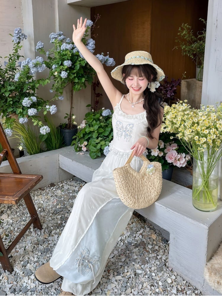 Version Cuffs Holiday Blue and White Colorblock Design Wide-Leg Pants Butterfly Embroidery Regular/Short