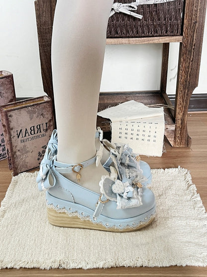 Blue White Rabbit Bowknot Heart Lace Lolita Shoes - Cheese Mango