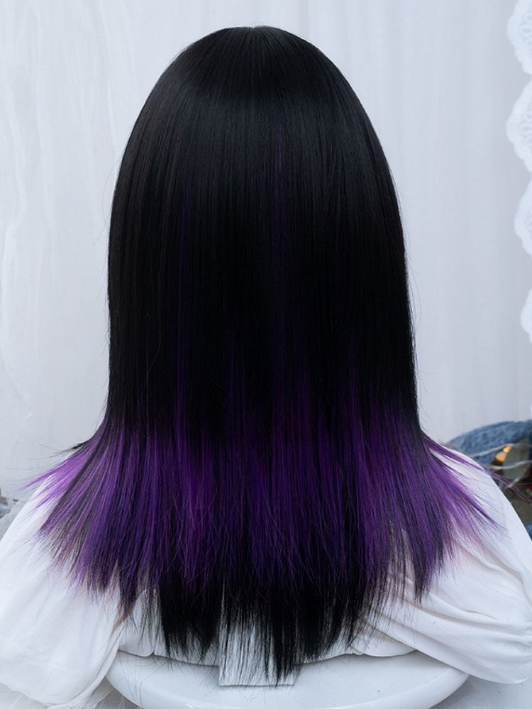 Black And Purple Highlights 47CM Above Bust Length Straight Wig With Bangs