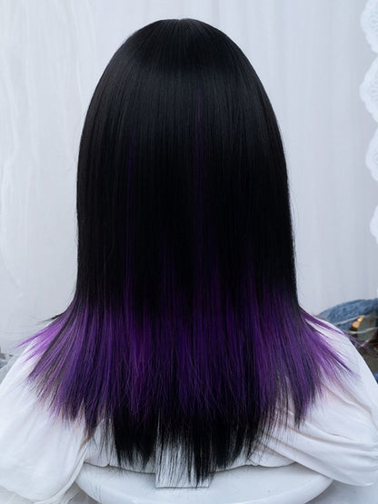 Black And Purple Highlights 47CM Above Bust Length Straight Wig With Bangs