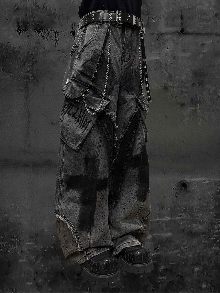 Raw Cross with Wide-Leg Grey Detailing Wasteland Hem Jeans Punk Y2K