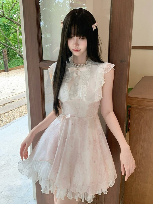 Pink & White Floral Seiso-kei Sleeveless Dress with Bow and Lace - LA LA JK