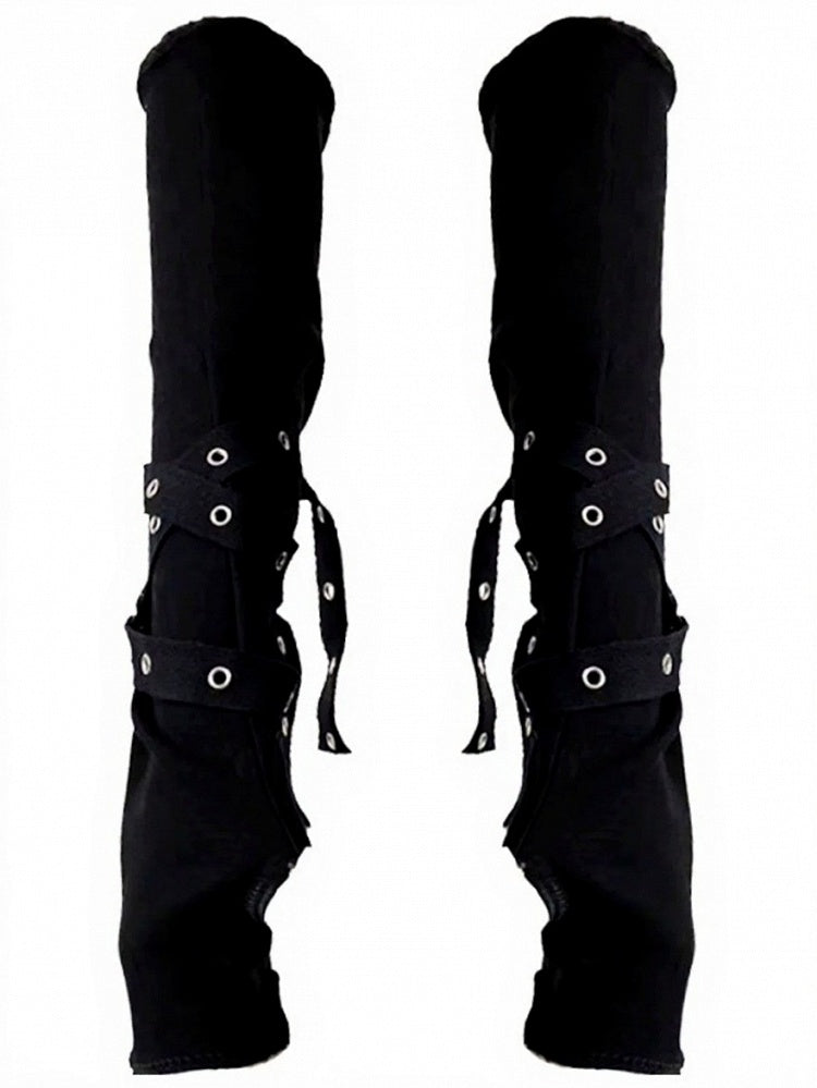 Black Punk Style Long Fingerless Gloves with Metal Buckle Decoration - Mr. Cat