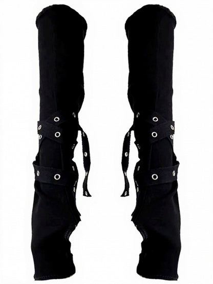 Black Punk Style Long Fingerless Gloves with Metal Buckle Decoration - Mr. Cat