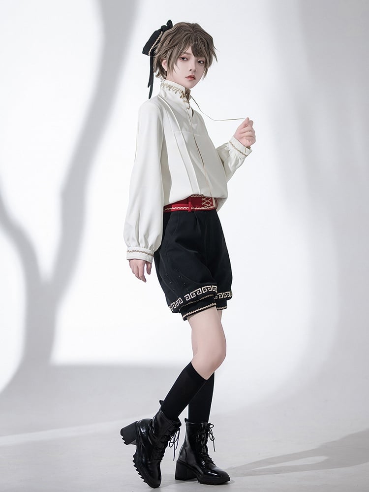 Chinoiserie Stand Ouji Shirt Lace-up Collar White