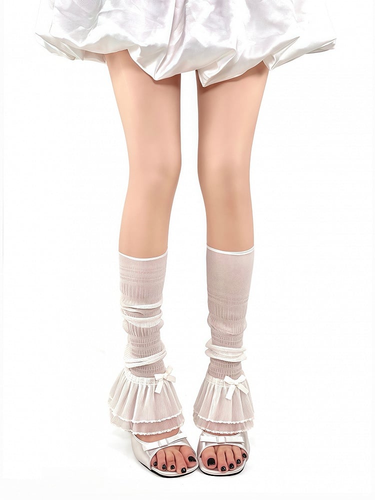 Double-Layer Mesh with Warmers Accents Ruffle Bowknot White/Black Leg