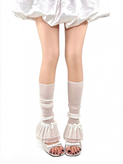 Double-Layer Mesh with Warmers Accents Ruffle Bowknot White/Black Leg