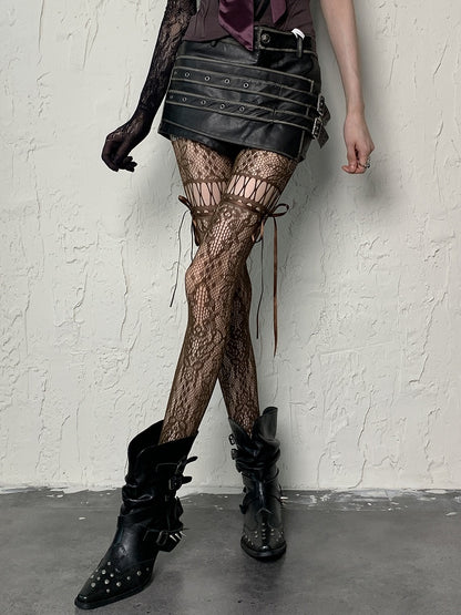 Ausgeschnittene Strumpfhosenträger zum Selbstbinden in Kaffee/Grau/Schwarz/Weiß/Lila/Blau im Y2K-Stil mit Blumenmuster