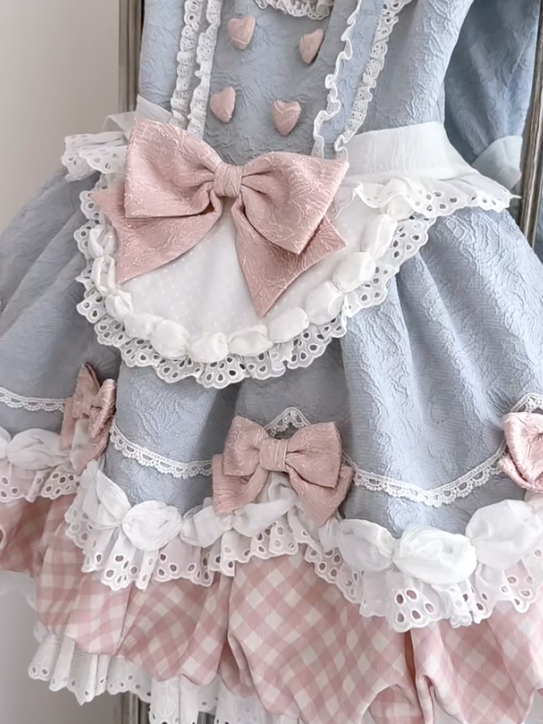 Light Blue Sweet Bow Faux Two-Piece Short Sleeve Lolita OP Dress with Apron - Asleep Townlet