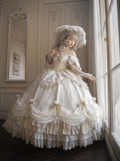 Ruffles Gown Lolita and Version Details Off-Shoulder Hime Hanayome Layered Bow with Champagne Long Lace