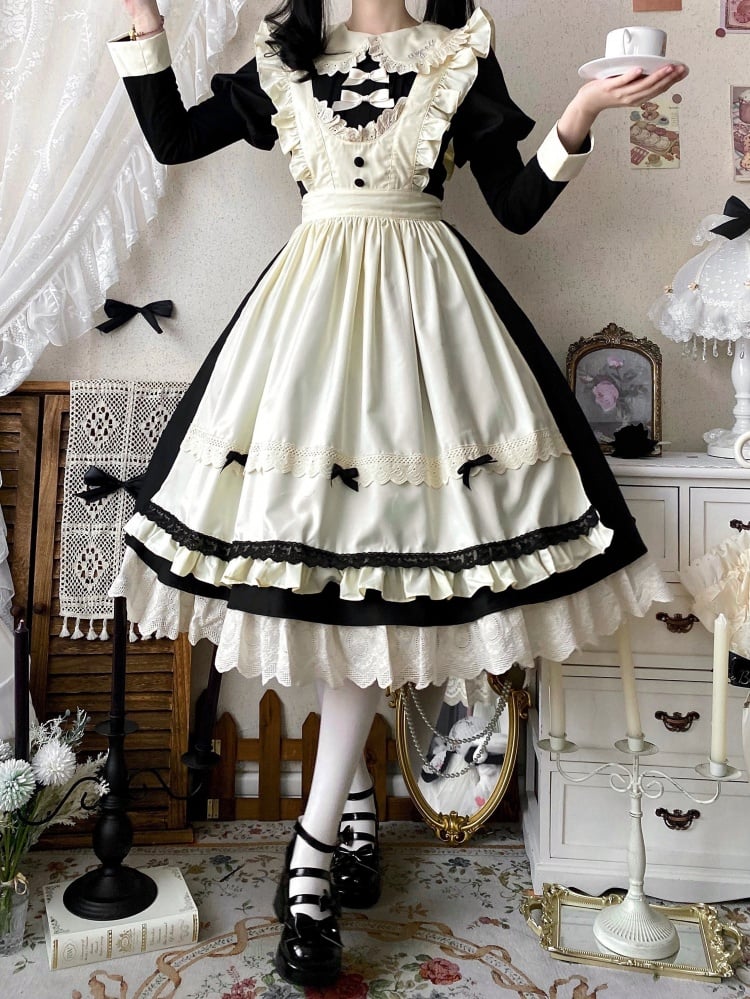Schwarz-beiges Juliette-Ärmel-Dienstmädchen-Lolita-Set + Schürze