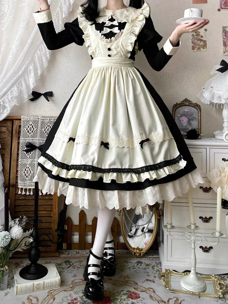 Beige Clearance-Size Piece Black Lolita and Juliette 84CM S Sleeves Maid Bust for One Apron Set +