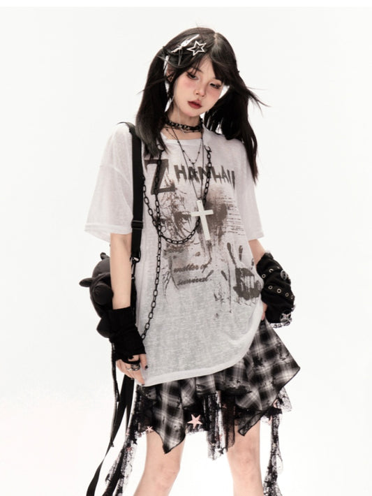 Coverup White/Black Round Neck Punk Print Semi-sheer