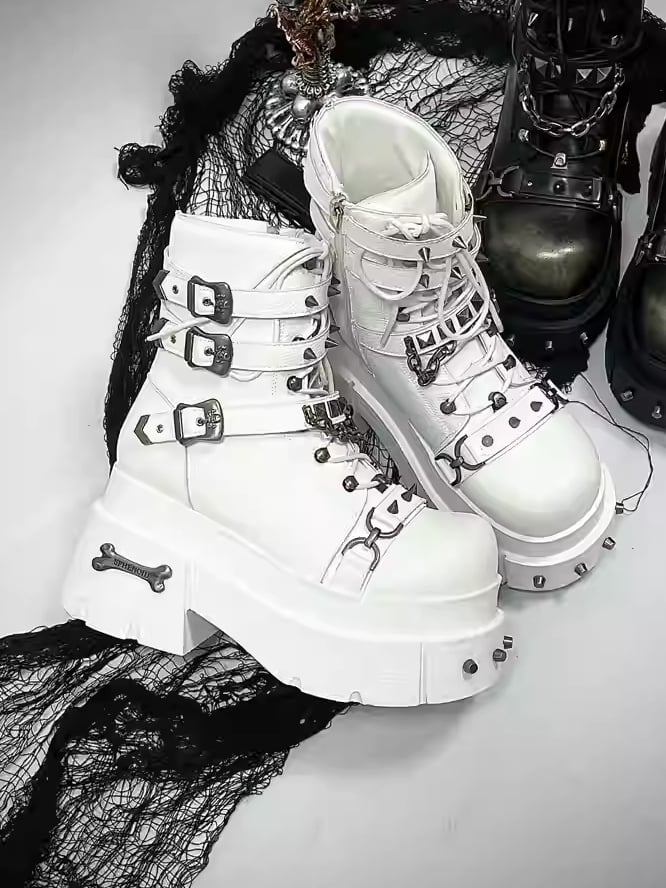 Straps with Studded Buckle White Details Platform Punk Boots