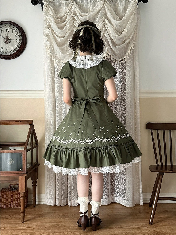 Embroidered Music Note Motif Green Dress with Puff Sleeves and Lace Collar - Surface Spell