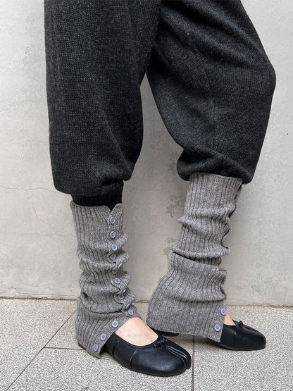 Slouchy Leg Knit White Warmers Gray Button-Detail /