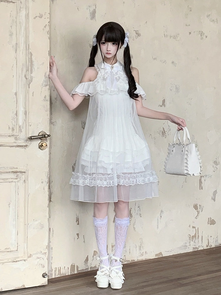 White Landmine Style Cutout Shoulder Dress with Sheer Overlay, Lace and Bow Tie - Ekomi