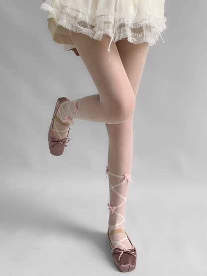 Tights Creamy Design Straps Bow White