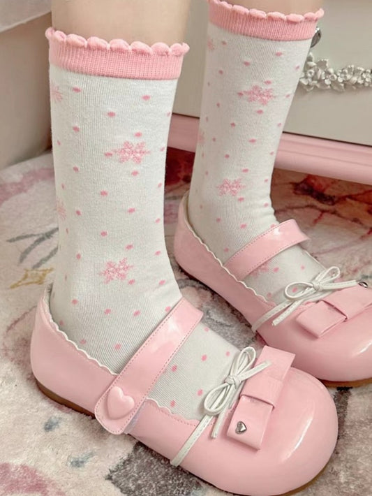 Socks Print Polka-dot Pattern Pink Snowflakes Lolita Calf