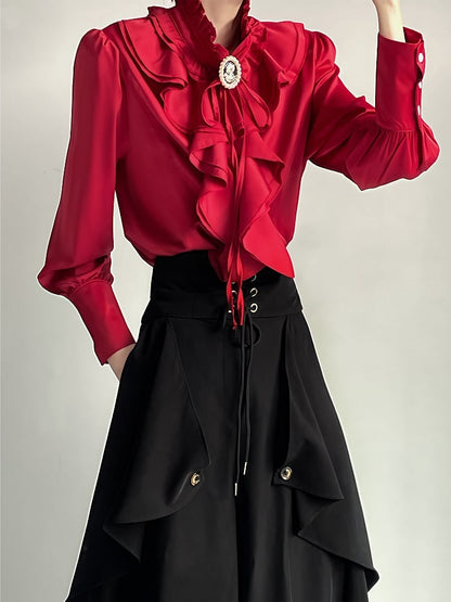 Red Blouse Jabot High-Collar Gothic with Prince Ruffled
