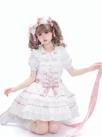 Rosa Schleife Akzente Weiß gestufte Spitze Trim Hime Sweet Lolita Kleid Rock Pullover