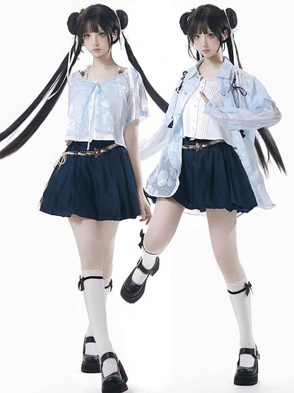 Dark Blue Mini Skort with Rope Belt - PINK SAVIOR