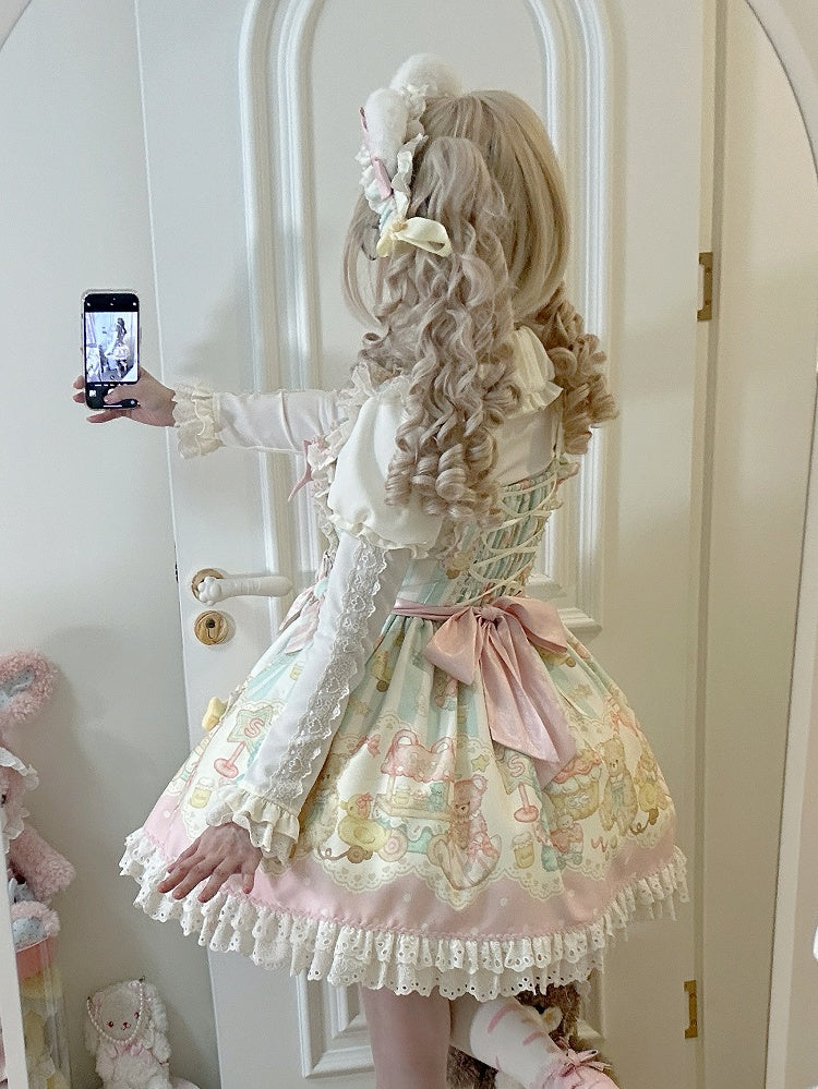 ピンクとグリーンのテディプリントのスイートロリータジャンパースカート