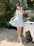 Sleeves Light Blue Flutter Dress Skirt Asymmetrical Chiffon Halter Neck Tiered