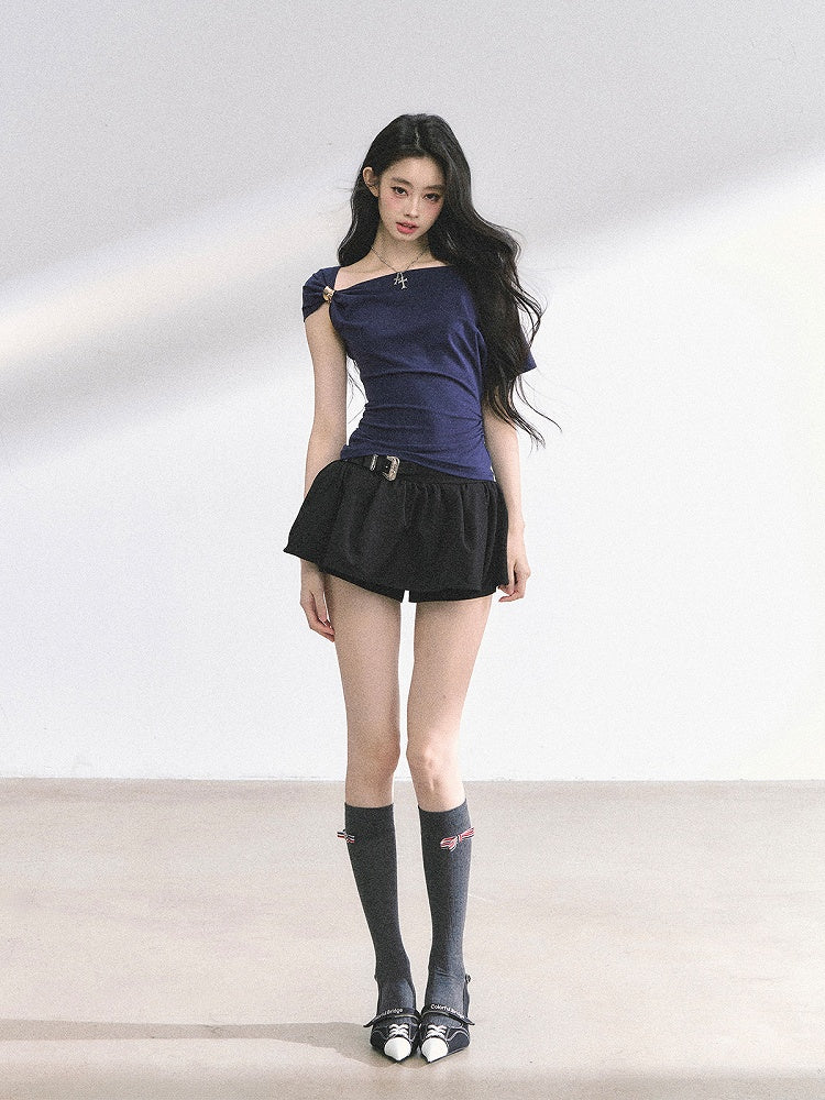 Blue/Pink Asymmetrical Neckline Slim-fitting T-shirt Navy