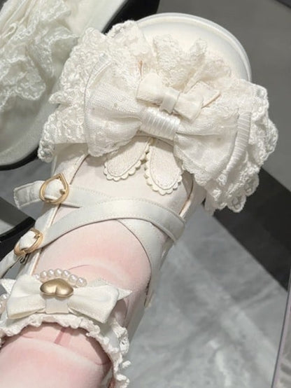 White Lace Bowknot & Rabbit Ear Heels with Pearl Chain - Meng Ka Jiang