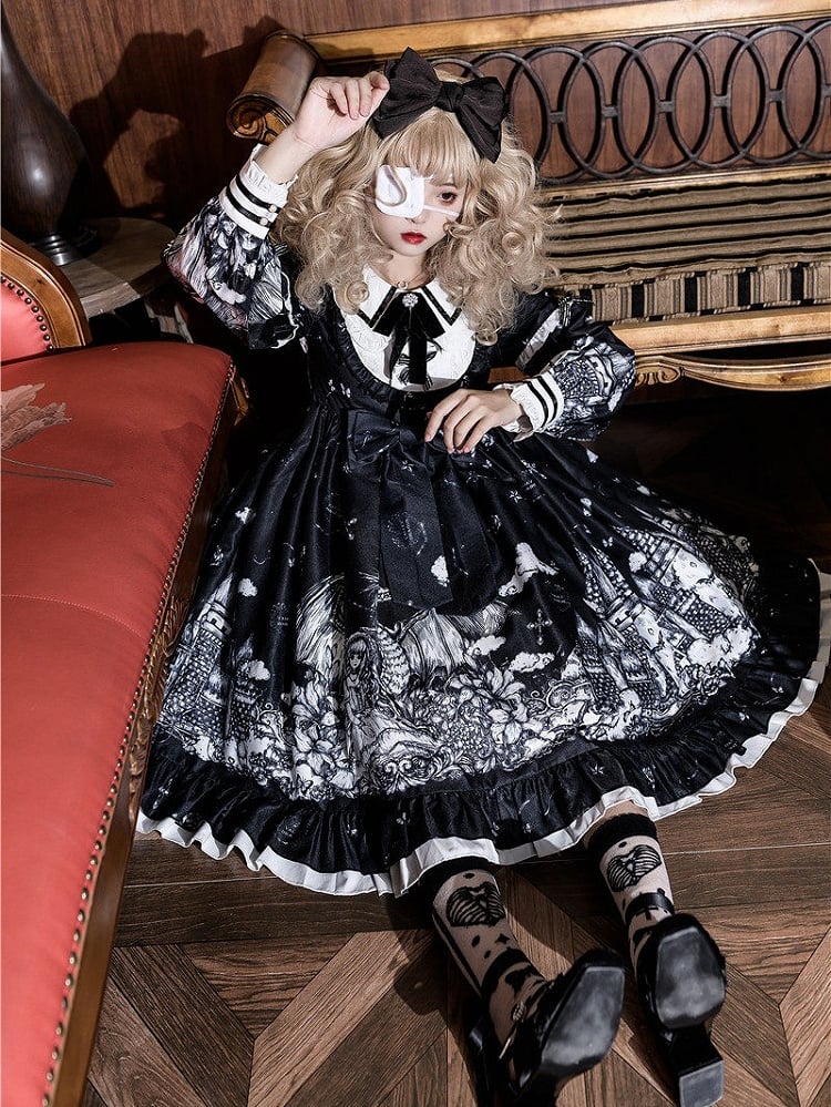 Castle Lolita OP Black Long-Sleeve Gothic Print Dress White