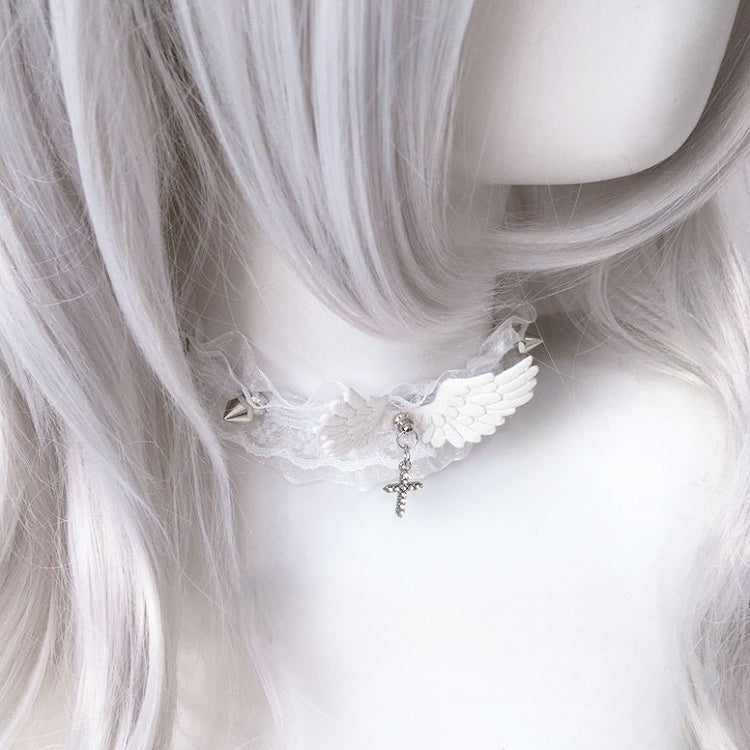 Studded Choker Wings White/Black Lace Cross Accents