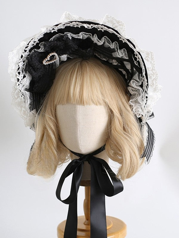 Weiß-Schwarze Spitze Lolita Süße Verziert Perlen Trim Design Bowknot Motorhaube Herz