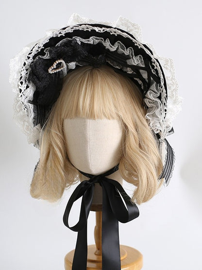 WhiteBlack Lace Lolita Sweet Decorated Beaded Trim Design Bowknot Bonnet Heart