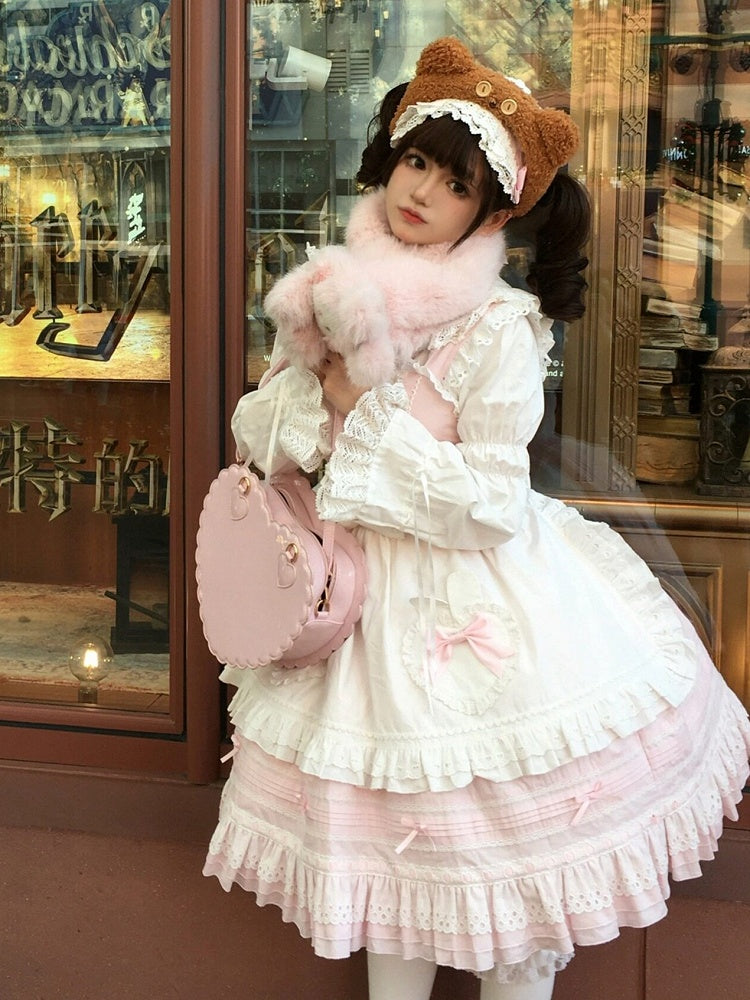 Pink Lace-Up Lolita Jumper Skirt with Ruffled Hem